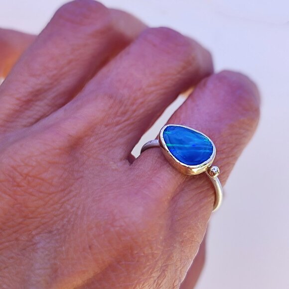 14K solid Yellow gold & Sterling silver ring with Blue Australian Opal. - Picture 13 of 14